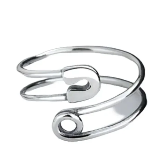 Boho Chic Sterling Silver Safety Pin Thumb Ring - Adjustable Safety Pin Design - Picture 2 of 4